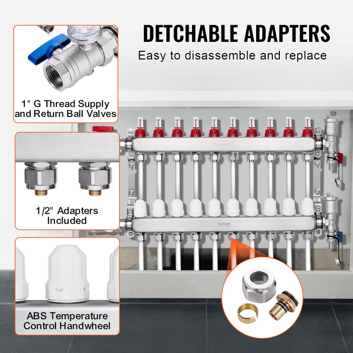 VEVOR 10-Branch Radiant Heat Manifold, 1/2" PEX Tubing Manifold, Stainless Steel PEX Manifold for Hydronic Radiant Floor Heating, Radiant Heat PEX Manifold Kit with 1/2" Adapters Included