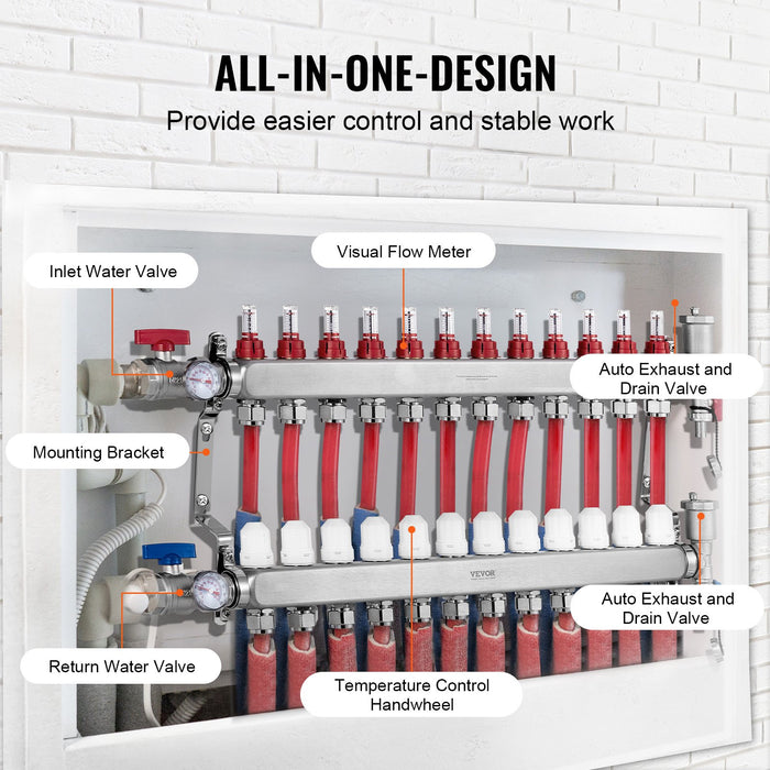 VEVOR 12-Branch Radiant Heat Manifold, 1/2" PEX Tubing Manifold, Stainless Steel PEX Manifold for Hydronic Radiant Floor Heating, Radiant Heat PEX Manifold Kit with 1/2" Adapters Included