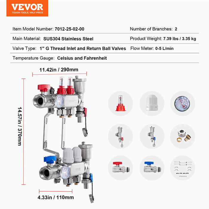VEVOR 2-Branch Radiant Heat Manifold, 1/2" PEX Tubing Manifold, Stainless Steel PEX Manifold for Hydronic Radiant Floor Heating, Radiant Heat PEX Manifold Kit with 1/2" Adapters Included
