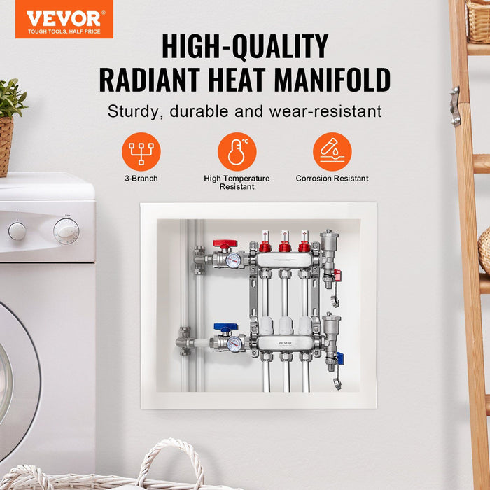 3-Branch Radiant Heat Manifold, 1/2" PEX Tubing Manifold, Stainless Steel PEX Manifold for Hydronic Radiant Floor Heating, Radiant Heat PEX Manifold Kit with 1/2" Adapters Included