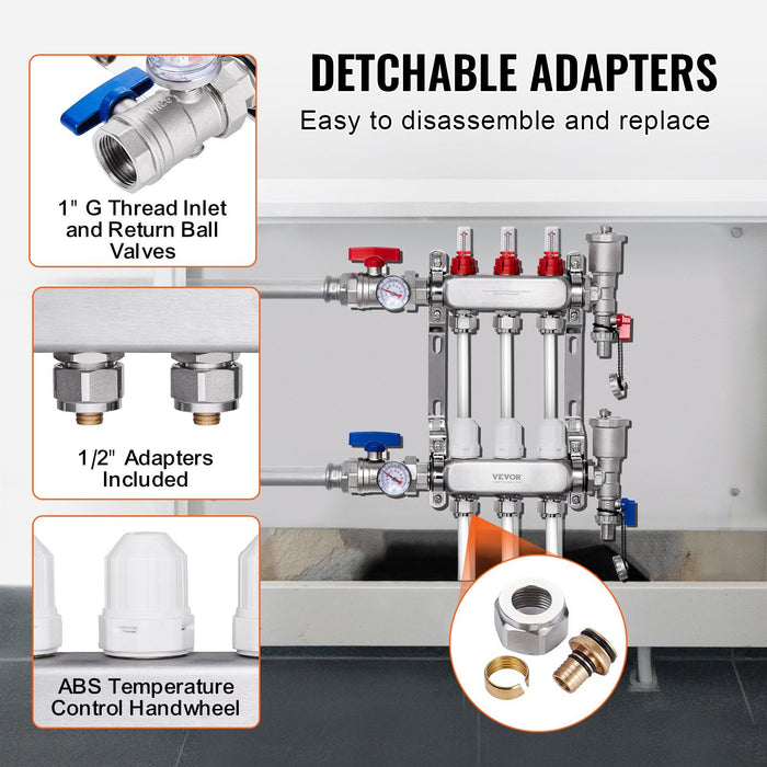 3-Branch Radiant Heat Manifold, 1/2" PEX Tubing Manifold, Stainless Steel PEX Manifold for Hydronic Radiant Floor Heating, Radiant Heat PEX Manifold Kit with 1/2" Adapters Included