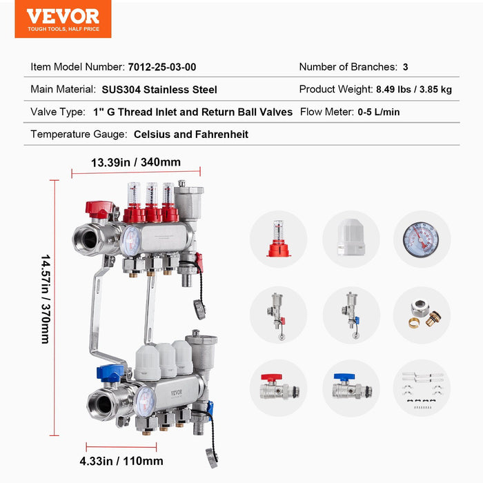 3-Branch Radiant Heat Manifold, 1/2" PEX Tubing Manifold, Stainless Steel PEX Manifold for Hydronic Radiant Floor Heating, Radiant Heat PEX Manifold Kit with 1/2" Adapters Included