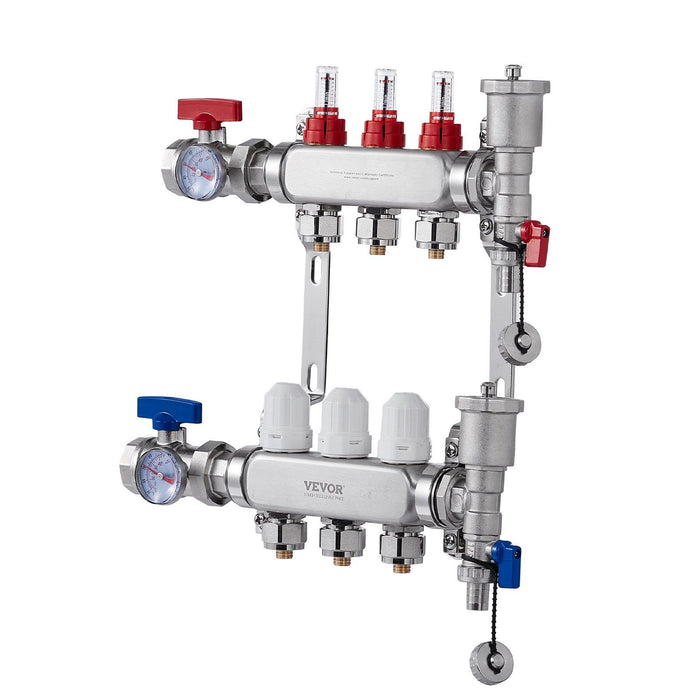 3-Branch Radiant Heat Manifold, 1/2" PEX Tubing Manifold, Stainless Steel PEX Manifold for Hydronic Radiant Floor Heating, Radiant Heat PEX Manifold Kit with 1/2" Adapters Included