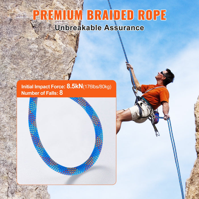 VEVOR 10.2mm Dynamic Climbing Rope, 60M(197ft) Outdoor Rock Climbing Rope 25KN Breaking Tension, Stretchable Fiber Rope with Steel Snap Hooks for Escape, Rappelling, Fire Rescue, Blue