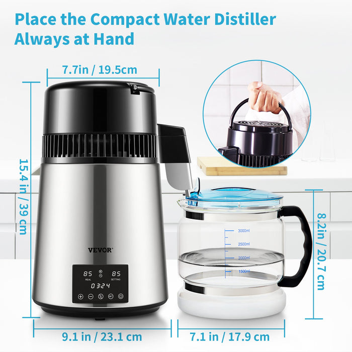 VEVOR 4L Water Distiller Distilled Water Maker 1 L/H w/ Timing Dual-Temp Silver