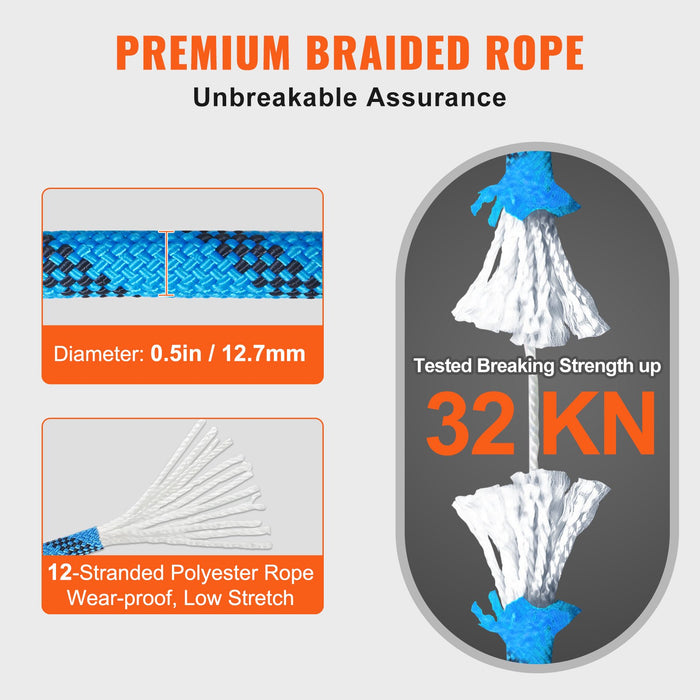 VEVOR 12.7mm Static Climbing Rope, 45.7M(150ft) Outdoor Rock Climbing Rope 30KN Breaking Tension, Fiber Rope with Steel Snap Hooks for Escape, Rappelling, Fire Rescue, Blue