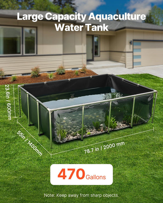 Canvas Fish Pond, 1781.3L Above Ground Fish Pond, PVC Koi Tank with Clear Viewing Panel, Rectangular Goldfish Tank with Stainless Steel Frame & Drain Valve, for Breeding Koi, Irrigation(Black)