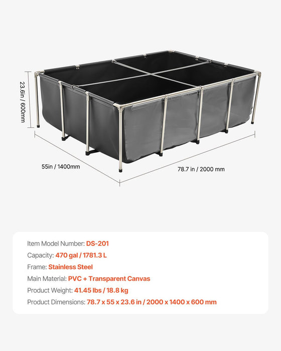 Canvas Fish Pond, 1781.3L Above Ground Fish Pond, PVC Koi Tank with Clear Viewing Panel, Rectangular Goldfish Tank with Stainless Steel Frame & Drain Valve, for Breeding Koi, Irrigation(Black)