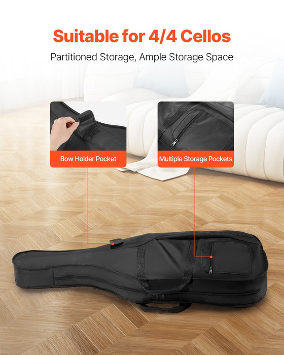 VEVOR 4/4 Full Size Cello Case, Nylon Waterproof, Lightweight Portable Travel Carrying Bag, with Reinforced Handle, Dual Shoulder Straps, Anti-Scratch, Professional Cello-Shape, for Cello, Black