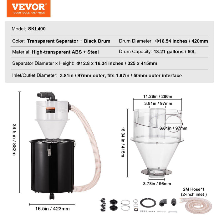 Cyclone Dust Separator with Metal Tank, 4" Retrofit Cyclone Separator for Dust Collectors, ABS Dust Deputy With 2" Hole O.D. Connector & Hose for Wet/Dry Shop Vacuums, Fits 50L Tank