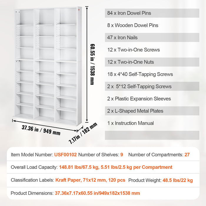 VEVOR Media Storage Cabinet, 9-layer DVD Shelf Holds up to 756 CDs, Adjustable CD Shelves 27 Compartments, Protects & Organizes Music, Movie, Video Games or Memorabilia Collections,White