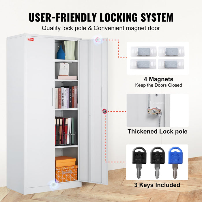 VEVOR Metal Storage Cabinet w/ 3 Keys Adjustable Shelves & Magnetic Door White
