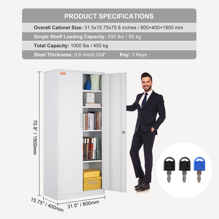VEVOR Metal Storage Cabinet w/ 3 Keys Adjustable Shelves & Magnetic Door White