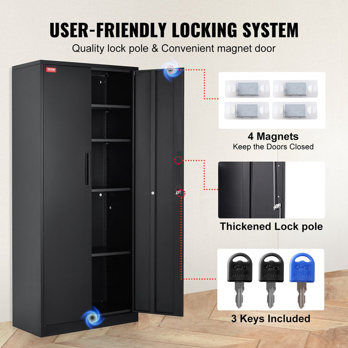 VEVOR Metal Storage Cabinet with 2 Magnetic Doors and 4 Adjustable Shelves, 90 kg Capacity per Shelf, Locking Steel Storage Cabinet, 1.8 m Metal Cabinet with 3 Keys, for Office, Garage, Home, Black