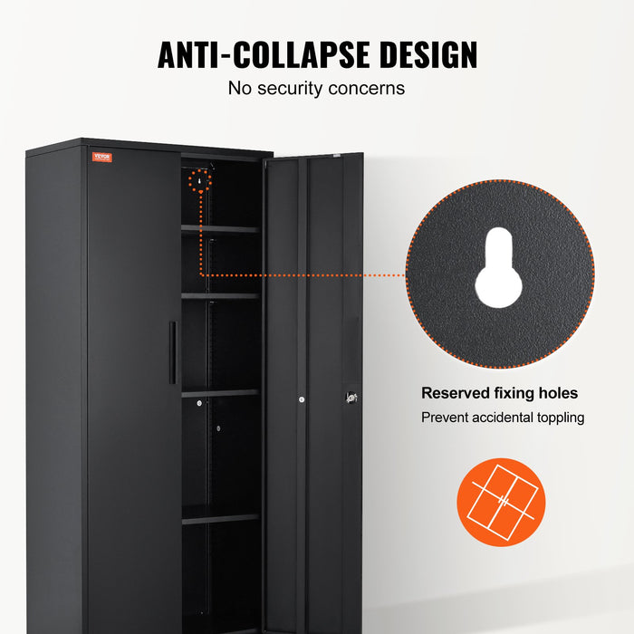 VEVOR Metal Storage Cabinet with 2 Magnetic Doors and 4 Adjustable Shelves, 90 kg Capacity per Shelf, Locking Steel Storage Cabinet, 1.8 m Metal Cabinet with 3 Keys, for Office, Garage, Home, Black