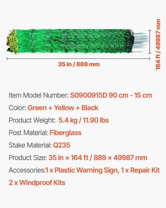 VEVOR Electric Fence Netting, 0.88 x 49.98 m, PE Net Fencing with Posts & Double-Spiked Stakes, Utility Portable Mesh for Goats, Sheep, Lambs, Deer, Hogs, Dogs, Used in Backyards, Farms, and Ranches