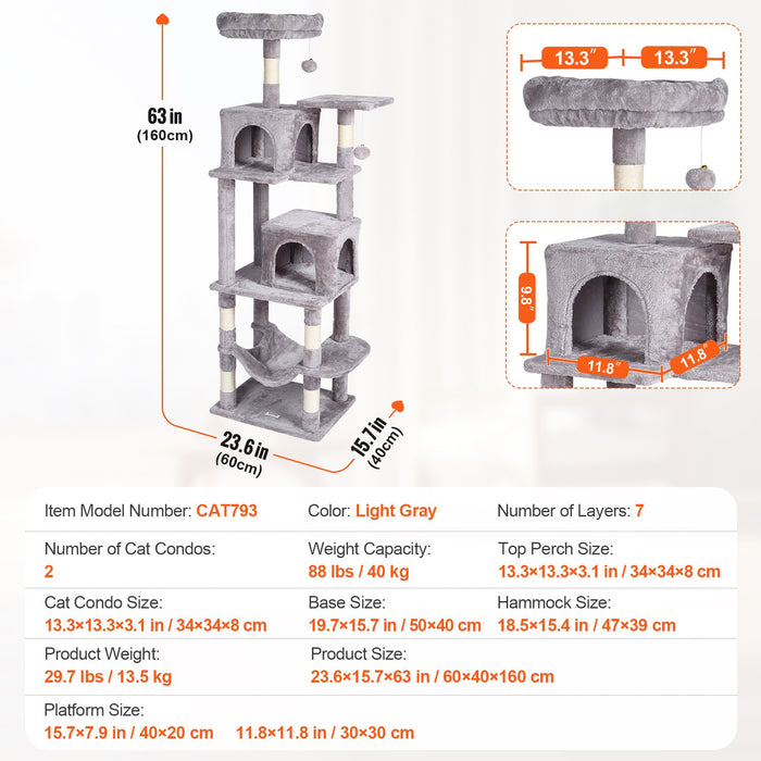 VEVOR Cat Tree 160 cm Cat Tower with 2 Cat Condos Scratching Post Light Grey