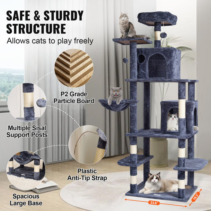 VEVOR Cat Tree 174 cm Cat Tower with Cat Condos Sisal Scratching Post Dark Grey