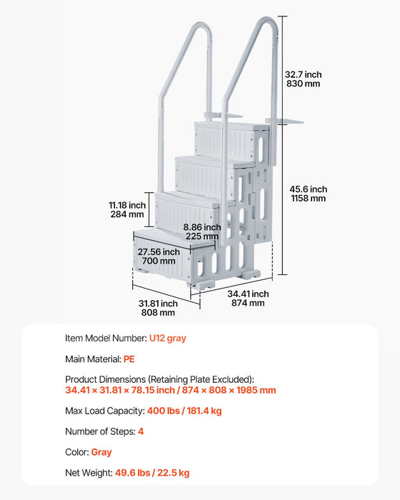 VEVOR 4-Step Grey Robust Pool Ladder of 2 Handrails for 1219.2-1371.6 mm Pools
