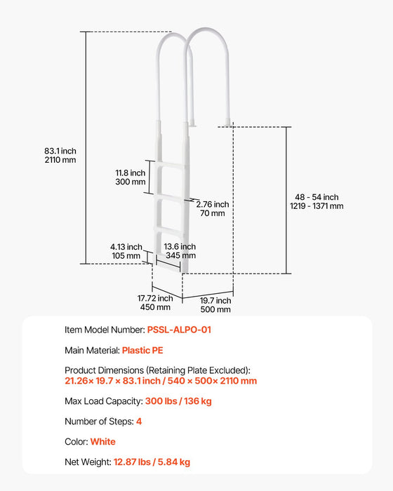 VEVOR Thickened 4-Step Pool Ladder of Double Handrails for 1219.2-1371.6mm Pool
