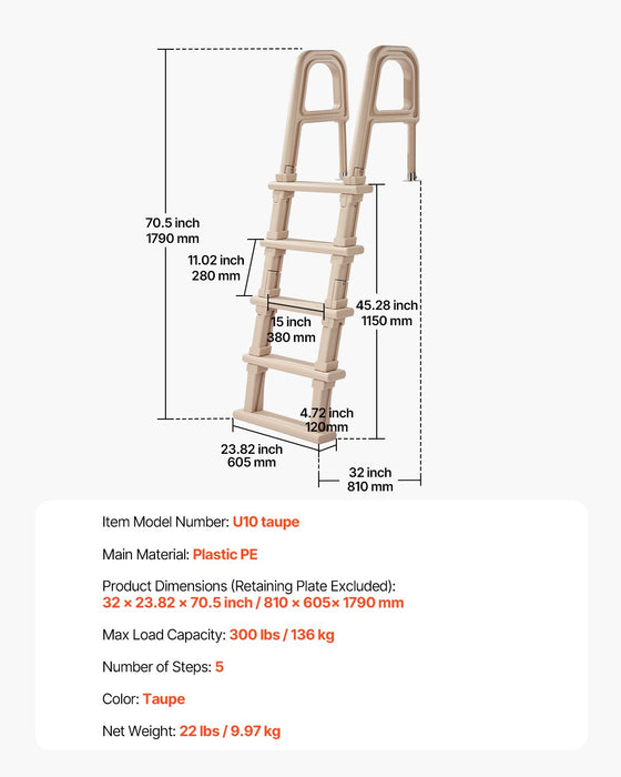 VEVOR 5-Step Inclined Robust Pool Ladder of 2 Handrails for 1219.2-1371.6mm Pool