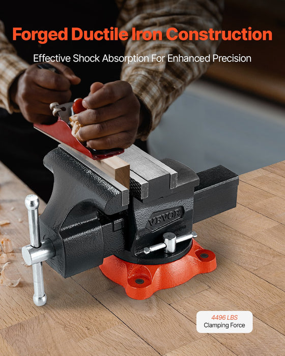 VEVOR Bench Vise, 140 mm Jaw Width, 140 mm Max Jaw Opening Multipurpose Vise with 360° Swivel Locking Base, 73 mm Throat, Heavy Duty Ductile Iron Workbench Vise, Two-Way Jaws for Clamping Round Pipes