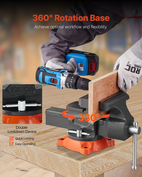 VEVOR Bench Vise, 140 mm Jaw Width, 140 mm Max Jaw Opening Multipurpose Vise with 360° Swivel Locking Base, 73 mm Throat, Heavy Duty Ductile Iron Workbench Vise, Two-Way Jaws for Clamping Round Pipes
