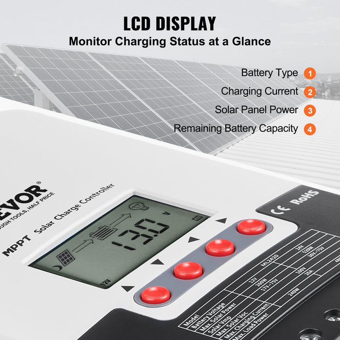 VEVOR 20A MPPT Solar Charge Controller, Auto DC Input, Solar Panel Regulator Charger with LCD Display Temperature Sensor Cable, for Sealed(AGM), Gel, Flooded and Lithium Battery Charging