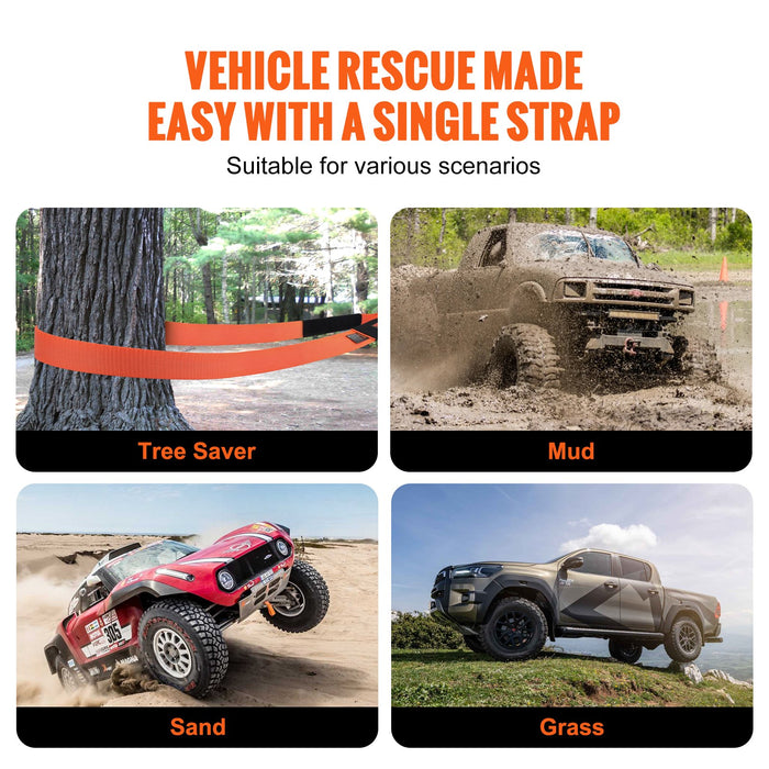 VEVOR Heavy Duty Tow Strap Recovery Kit 85.1 mm x 9.1 m (MBS-16329 kg) Tree Saver Winch Strap, Triple Reinforced Loop & Protective Sleeves & Storage Bag , 19 mm D-Ring Shackles, for Truck Jeep SUV ATV