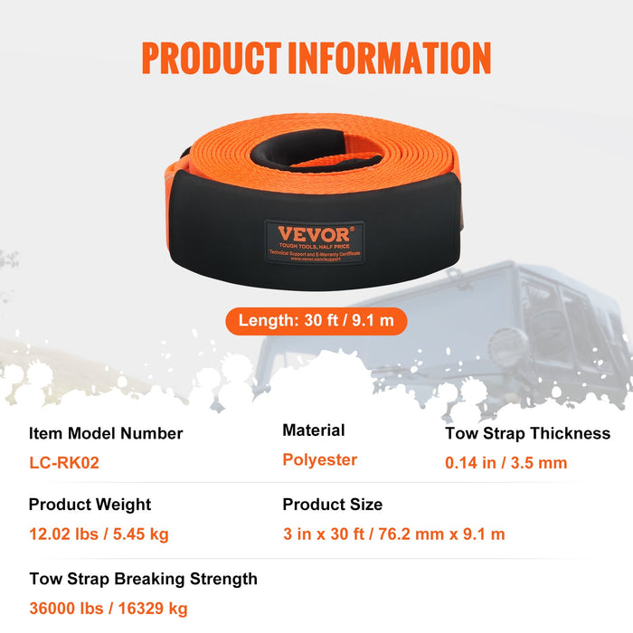 VEVOR Heavy Duty Tow Strap Recovery Kit 85.1 mm x 9.1 m (MBS-16329 kg) Tree Saver Winch Strap, Triple Reinforced Loop & Protective Sleeves & Storage Bag , 19 mm D-Ring Shackles, for Truck Jeep SUV ATV