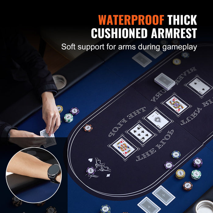 VEVOR 8 Player Foldable Poker Table, Blackjack Texas Holdem Poker Table with Padded Rails and Stainless Steel Cup Holders, Portable Folding Card Board Game Table,183cm Oval Casino Leisure Table, Blue