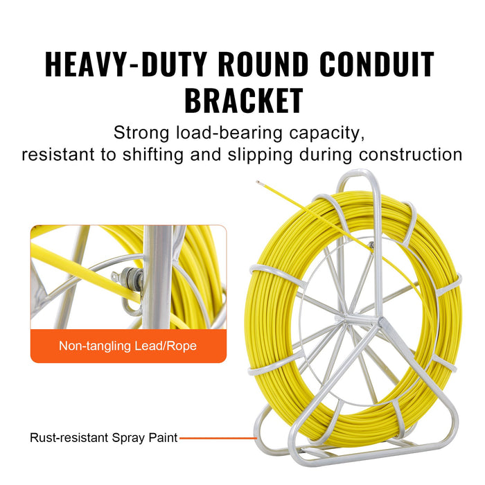 VEVOR Fish Tape Fiberglass, 182.88 m, 7.9 mm, Duct Rodder Fishtape Wire Puller, Cable Running Rod with Steel Reel Stand, 3 Pulling Heads, Fishing Tools for Walls and Electrical Conduit, Non-Conductive