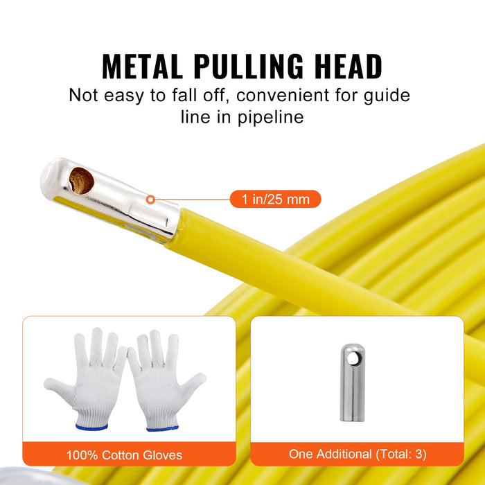 VEVOR Fish Tape Fiberglass, 182.88 m, 7.9 mm, Duct Rodder Fishtape Wire Puller, Cable Running Rod with Steel Reel Stand, 3 Pulling Heads, Fishing Tools for Walls and Electrical Conduit, Non-Conductive