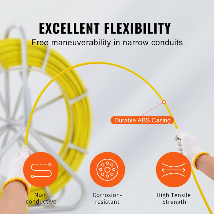 VEVOR Fish Tape Fiberglass, 129.5 m, 6.35 mm, Duct Rodder Fishtape Wire Puller, Cable Running Rod with Steel Reel Stand, 3 Pulling Heads, Fishing Tools for Walls and Electrical Conduit, Non-Conductive
