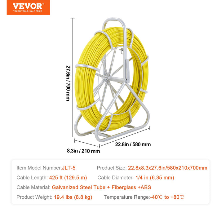 VEVOR Fish Tape Fiberglass, 129.5 m, 6.35 mm, Duct Rodder Fishtape Wire Puller, Cable Running Rod with Steel Reel Stand, 3 Pulling Heads, Fishing Tools for Walls and Electrical Conduit, Non-Conductive