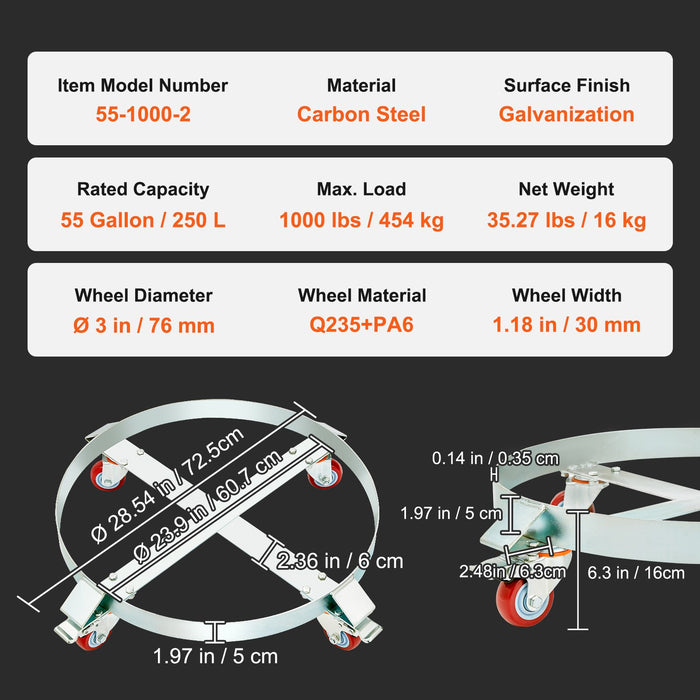 VEVOR 2PCS 250 L Heavy Duty Drum Dolly, 454 kg Load Capacity, Barrel Dolly Cart Drum Caddy, Non Tipping Hand Truck Capacity Dollies with Steel Frame 4 Swivel Casters Wheel, for Drum Handling