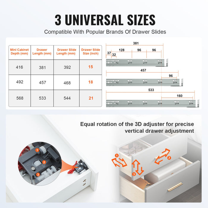 VEVOR 6 Pairs of 457.2mm Drawer Bottom Side Mount Rails, Heavy Duty Full Ball Bearing Extension Steel Track, Soft-Close Noiseless Guide Glides Cabinet Kitchen Runners with Locking Mechanism, 100 Lbs