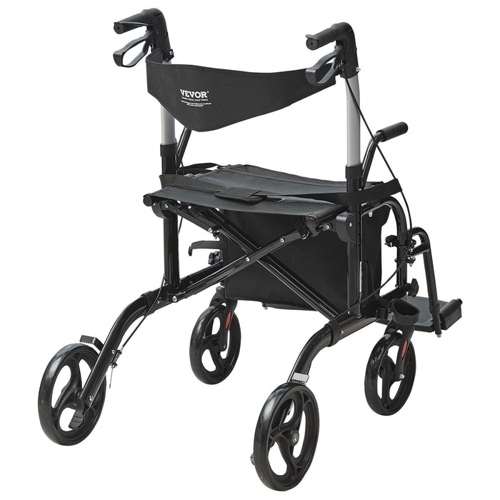 2 in 1 Rollator Walker & Transport Chair for Seniors, Folding Rolling Walker Wheelchair Combo & Footrests, Lightweight Aluminum Mobility Walker with Adjustable Handle, All Terrain Wheels, 136KG