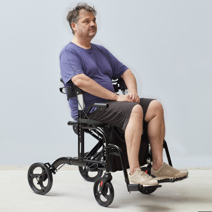 2 in 1 Rollator Walker & Transport Chair for Seniors, Folding Rolling Walker Wheelchair Combo & Footrests, Lightweight Aluminum Mobility Walker with Adjustable Handle, All Terrain Wheels, 136KG