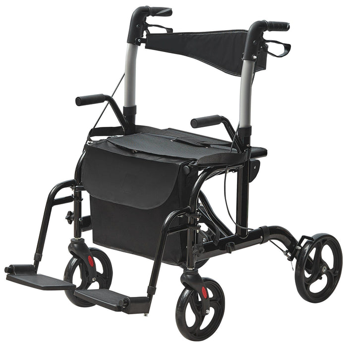 2 in 1 Rollator Walker & Transport Chair for Seniors, Folding Rolling Walker Wheelchair Combo & Footrests, Lightweight Aluminum Mobility Walker with Adjustable Handle, All Terrain Wheels, 136KG