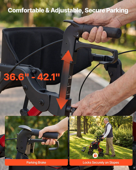 2-in-1 Rollator Walker & Transport Chair for Seniors, Foldable Rolling Walker Wheelchair, Lightweight Aluminum Mobility Walking Aid with Solid PU Wheels, Cup & Cane Holder - Supports 136kg
