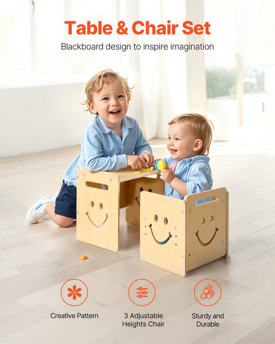 Montessori Weaning Table and Chair Set, 3 In 1 Wooden Toddler Table and Chairs with Chalkboard, Adjustable Height Montessori Table for Ages 1-5, Ideal for Drawing, Reading, Eating - Natural