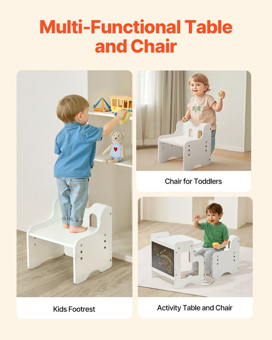 Montessori Weaning Table and Chair Set, 3 In 1 Wooden Toddler Table and Chairs with Chalkboard, Adjustable Height Montessori Table for Ages 1-5, Ideal for Drawing, Reading, Eating - White