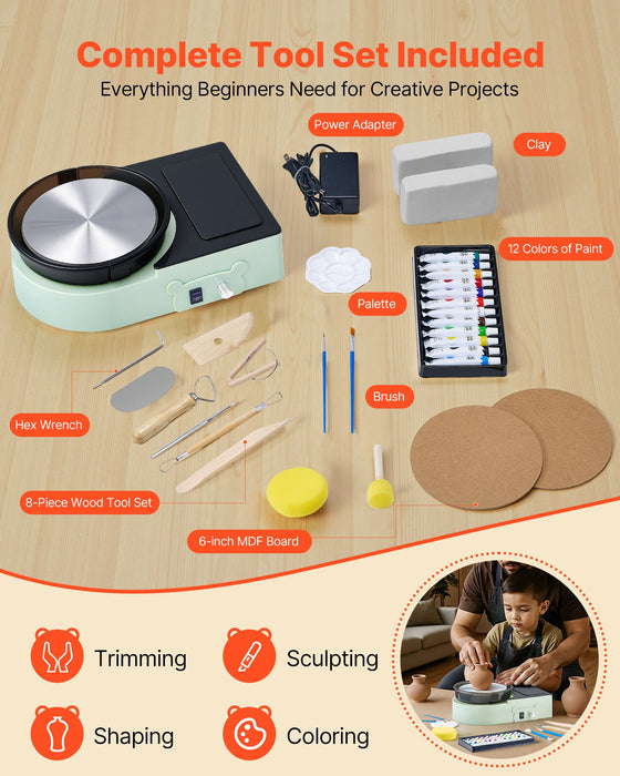 VEVOR Mini Pottery Wheel, 158 mm Turntable, Forward and Reverse Rotation, Adjustable Speed, Electric Clay Wheel for Kids and Adults, with Clay Shaping Tools, for Home DIY, Pottery Classes, Green