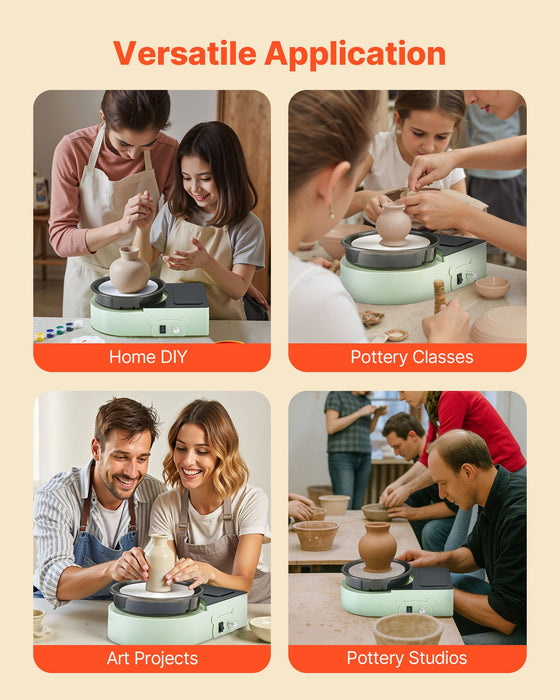 VEVOR Mini Pottery Wheel, 158 mm Turntable, Forward and Reverse Rotation, Adjustable Speed, Electric Clay Wheel for Kids and Adults, with Clay Shaping Tools, for Home DIY, Pottery Classes, Green