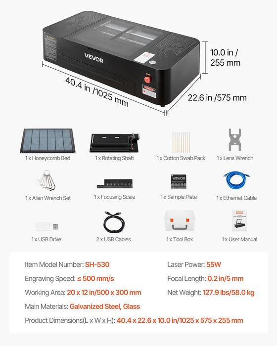 55W CO2 Laser Engraver, 500 x 300 mm, Desktop CO2 Laser Engraver and Cutter Machine with 16MP Camera, Water Pump, Rotary Axis, Compatible with LightBurn CorelDRAW RDWorks, for Wood Acrylic Glass