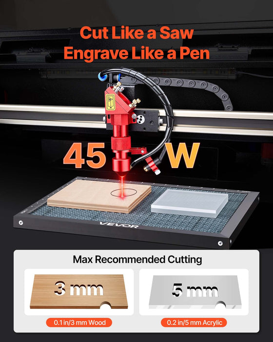 45W CO2 Laser Engraver, 300 x 200 mm, Desktop CO2 Laser Engraver Cutter Machine with Rotary Axis, Air Assist, Engraving Machine Compatible with LightBurn CorelDRAW GRBL, for Wood Acrylic Glass