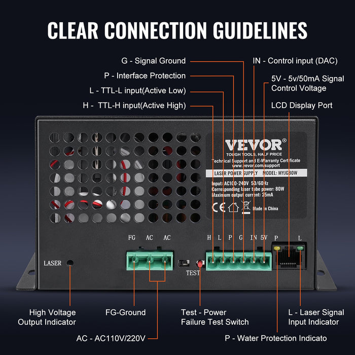VEVOR CO2 Laser Power Supply, 80W, Power Supply for 80W Laser Tube, Constant Current Protection, Open Circuit Protection, Fast Heat Dissipation, Compatible for Multi-brand Laser Engravers & Cutters