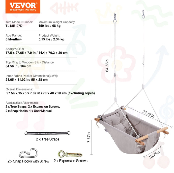 VEVOR Canvas Hammock Swing, 3 Modes Baby Swing Indoor and Outdoor with 5-Point Harness,  and Tree Straps, 150lbs Weight Capacity, Integrated Cushion, Wooden Hanging Swing Seat for Baby to Toddler