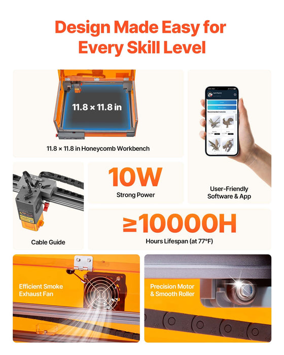 VEVOR Laser Engraver, 10W, Laser Engraving and Cutting Machine with Enclosure, Laser Cutter Engraver Machine, 300 x 300 mm Working Area, 7000 mm/min, for Wood, Leather, Glass, Certain Metal, Class 1